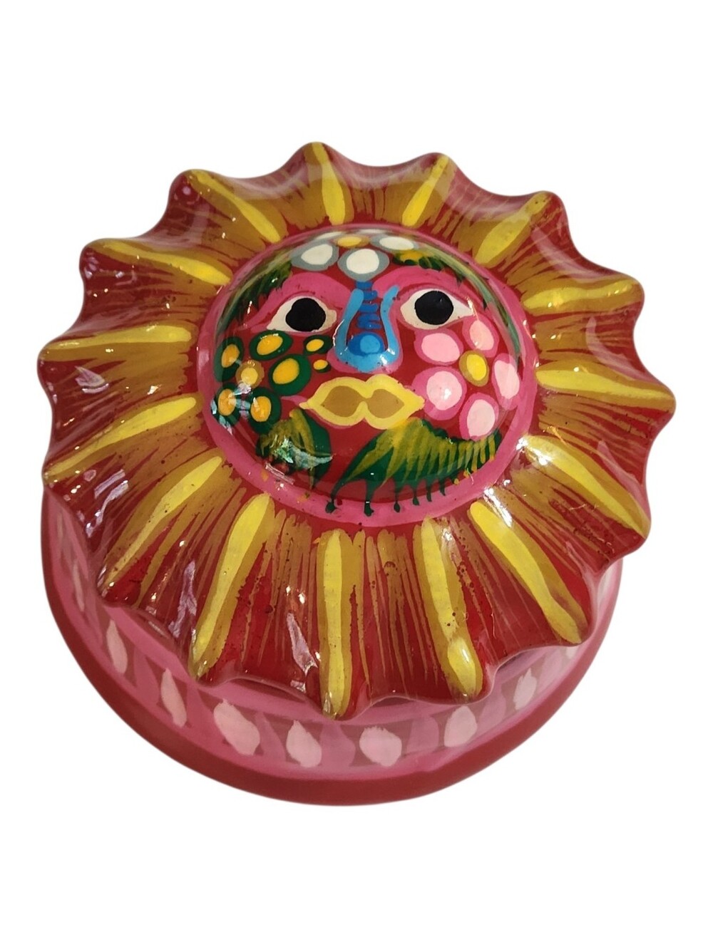 Red Clay Mexican Ceramic Trinket Box Hand Painted Terracotta Sun  3.25" Folk Art
